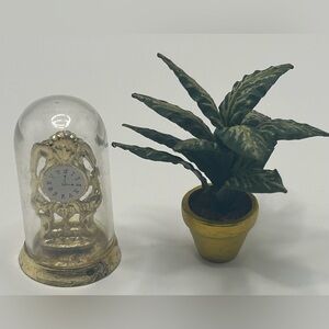 Miniature Gold Clock and Potted Plant Decor Set